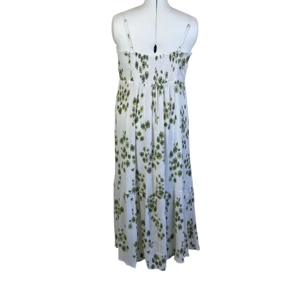 Abercrombie & Fitch Sz XL Babydoll Maxi Dress White Green Floral Crinkle
